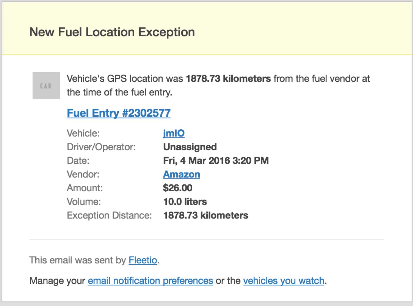 An example of the fuel exception email sent to the account owner.