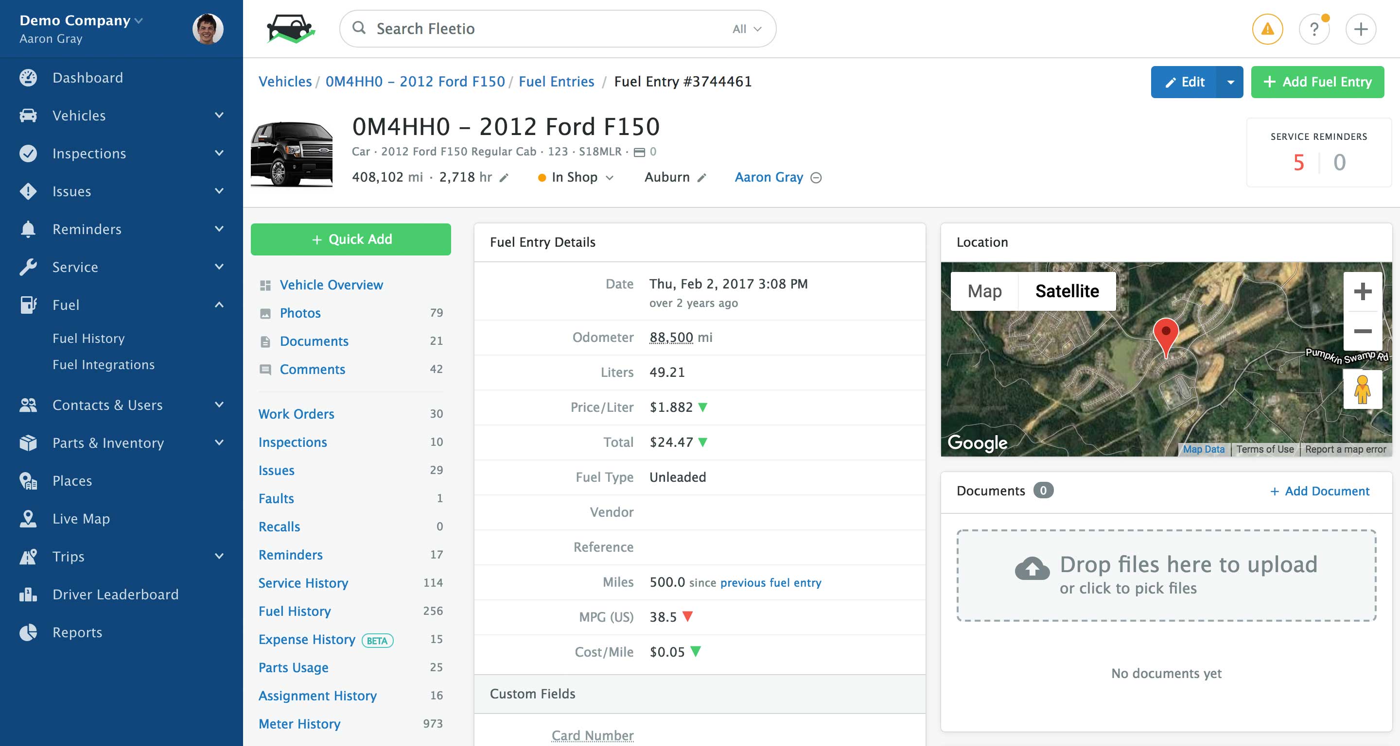 The fuel entry page showing information about a specific fuel up.