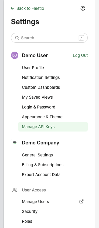 Accessing Manage Api Keys link