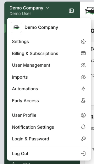 Accessing settings from the dropdown